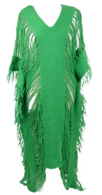 Dámská zelená svetrová tunika s průstřihy a třásněmi 