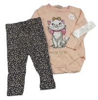 2set- světlerůžové body s kočičkou+ šedé legíny s flíčky Disney