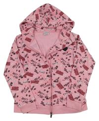 Růžová propínací mikina s nápisy a kapucí 