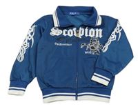 Tmavomodrá sportovní propínací mikina s nápisem a štírem 