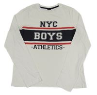 Bílo-tmavomodré triko s nápisem a proužkem Alive