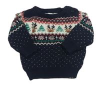 Tmavomodro-bílý svetr se vzorem a soby Mothercare