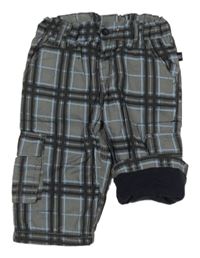 Šedo-modré kostkované plátěné podšité kalhoty s kapsami 