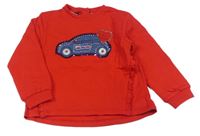 Červená mikina s autem s kamínky a volánky