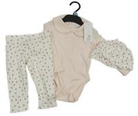 Nové - 3Set - Bílé tepláky s kytičkami + čepice + světlerůžové body s límečkem F&F