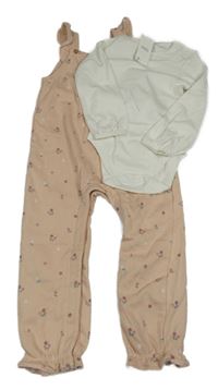 Nové - 2set - Broskvové laclové tepláky s kytičkami + bílé body M&S