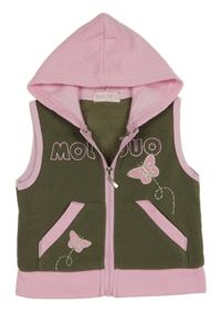 Khaki-růžová propínací mikinová vesta s motýlky a kapucí 