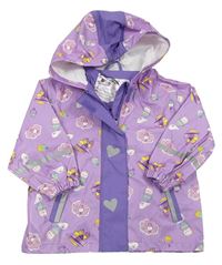 Světlefialovo-fialová nepromokavá bunda s dortíky a ptáčky a kapucí lupilu