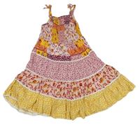 Světlerůžovo-okrovo-tmavožluto-korálové letní šaty s kytičkami Matalan
