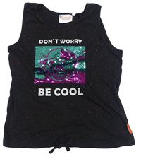Černý melírovaný crop top s překlápěcími flitry s emoji a nápisy a uzlem C&A