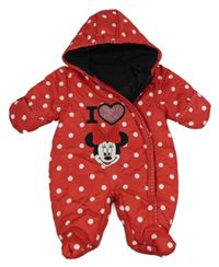 Červená puntíkatá šusťáková zimní kombinéza s Minnie a kapucí George