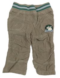 Hnědošedé manšestrové podšité kalhoty s nášivkou a úpletovým pasem s pruhy dopodopo