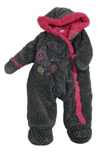 Tmavošedá puntíkatá sametová zateplená kombinéza s květy a kožešinou a kapucí ORCHESTRA