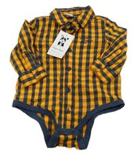 Nové - pomerančovo-tmavomodré kostkované košilové body s nápisy dopodopo