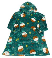 Tmavozelené puntílkaté plyšové domácí šaty s pudingy a kapsou a kapucí Dunelm