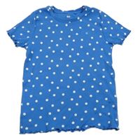 Cobaltově modré žebrované tričko s kopretinami a nápisem WE