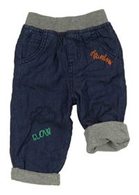 Tmavomodré lehké podšité rifle s nápisy a obláčky a šedým úpletovým pasem ORCHESTRA