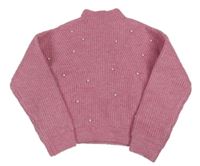 Růžový melírovaný žebrovaný svetrový oversize crop rolák s perlami V BY VERY