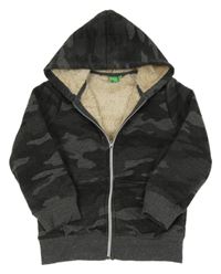 Tmavošedo-černá army propínací zateplená mikina s kapucí 