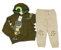 Nové - 2Set - Khaki mikina s dinosaurem a ostny a kapucí + béžové tepláky PRIMARK