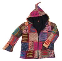 Pestrá vzorovaná patchwork propínací podšitá mikina s průstřihy a kapucí