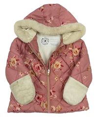Růžová květovaná šusťáková zimní bunda s kapucí George