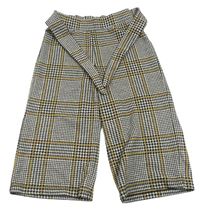 Šedo-černo-okrové kostkované culottes kalhoty s páskem F&F