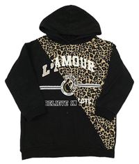 Černo-hnědá tepláková tunika s leopardím vzorem s nápisem a kapucí River Island
