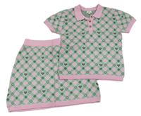 2set - Růžovo-zelené kárované pletené polo tričko se srdíčky + sukně River Island