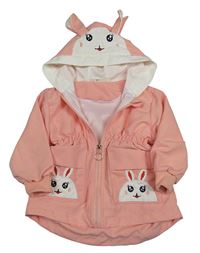 Růžová šusťáková jarní bunda s králíky a kapucí