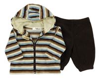 2set - Hnědo-krémovo-modrá pruhovaná fleecová propínací mikina s kapucí + hnědé fleecové tepláky BPC