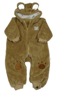 Hnědá chlupatá kombinéza s medvědem a kapucí