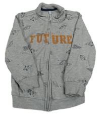 Šedá melírovaná propínací mikina s raketami a planetami