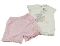 Nové - 2set - Bílé tričko se slonem a klokanem + světlerůžové lehké kraťasy Disney