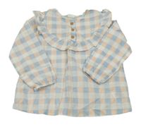 Světlemodro-meruňkovo-bílá kostkovaná halenka s volánem H&M