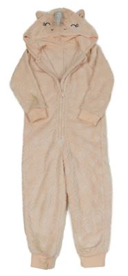 Růžová vzorovaná chlupatá kombinéza s kapucí - jednorožec George