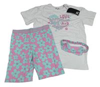 Nové - 3set - Bílé tričko s nápisem + růžové květované elastické kraťasy + čelenka