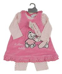 Nové - 4 set - Růžové sametové šaty s Hello Kitty + Bílé triko se srdíčky + legíny + čelenka