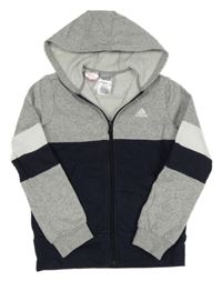 Šedo-tmavomodro-bílá propínací mikina s logem a kapucí Adidas