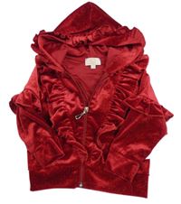 Červená třpytivá sametová propínací mikina s volánky a kapucí 