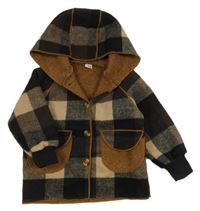 Hnědo-černý kostkovaný zateplený kabátek s kapucí 