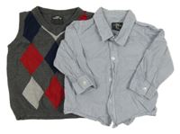 2 set - modro-bílá pruhovaná košile + šedo-tmaovmodro-červená károvaná vesta H&M