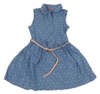 Modré lehké šaty se srdíčky a páskem 