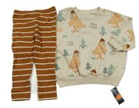 Nové - béžová mikina s medvědy + hnědé pruhované legíny dunnes