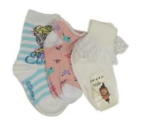 Nové - 3x ponožky - bílo-modré + růžové kotníkové s kvítky + smetanové s krajkou 