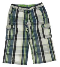 Bílo-tmavomodro-zelené kostkované plátěné kraťasy s kapsami Charles Vögele