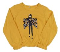 Hořčicové triko s dívkou a mašlí 