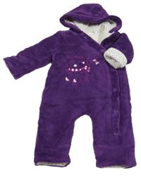Fialová plyšová zateplená kombinéza s myškou a kapucí 