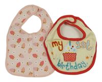 2set - 2x bryndák - růžový s jahodami + žluto-bílo-červený bryndák s nápisem a muffinem 