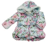 Světlemodro-růžová květovaná šusťáková zateplená bunda s kapucí s kožešinou Monsoon